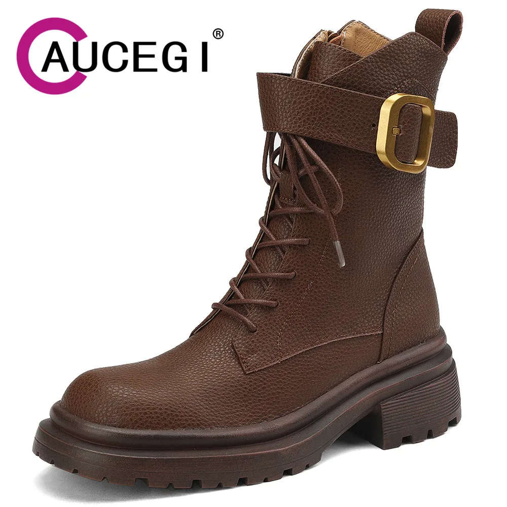 

Aucegi Lace Up Ankle Boots Genuine Leather Fall Winter Round Toe Fashion Women Square High Heels Buckle Strap Preppy Style Shoes