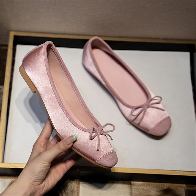 Breathable Silk Ballerinas Ballet Flats Women Summer Autumn Slip On Loafers Square Toe Bowknot Flat Casual Shoes