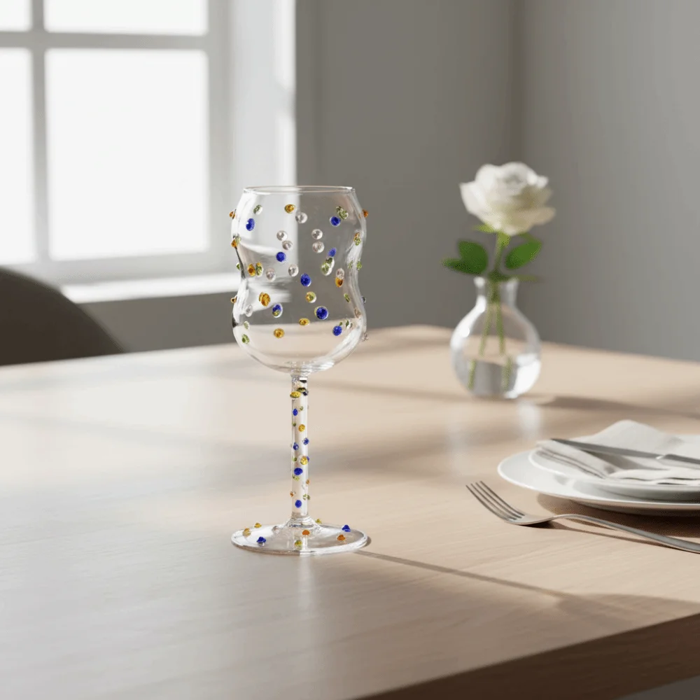 Ins Glass Colorful Dot Goblet Cup Embossed Heat-resistant Tall Glass Thin-walled Transparent Stemmed Glass Bar