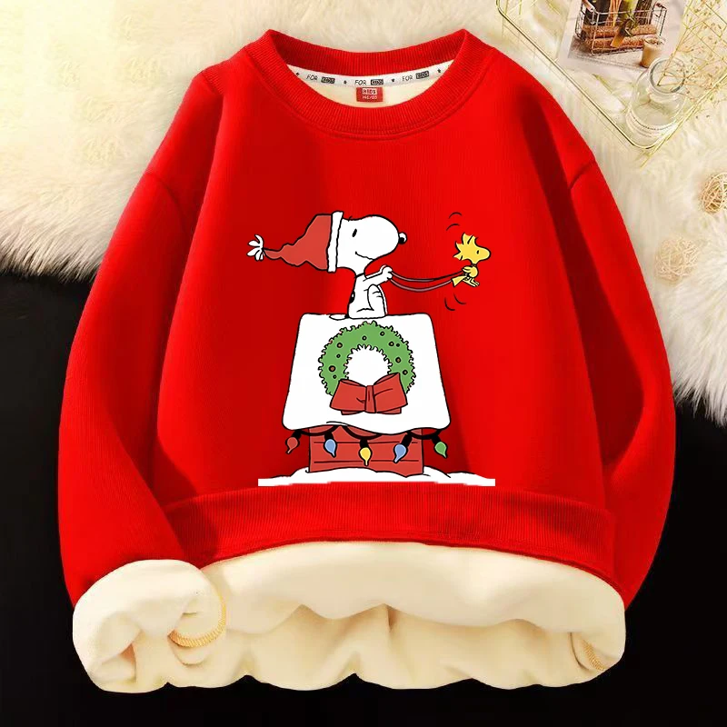 Snoopy Sweatshirt Cartoon Anime Print Crew Neck Top Autumn Winter Thickened Lamb Wool Loose Soft Red Clothing Kids Birthday Gift