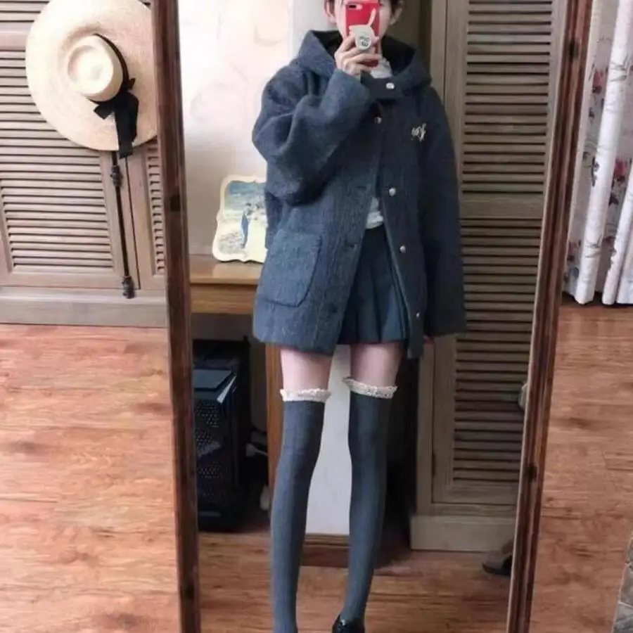 

Пальто с капюшоном больших размеров для женщин: осенне-зимнее, утепленное, шерстяное, повседневное, свободного кроя, в корейском стиле, для полных женщин