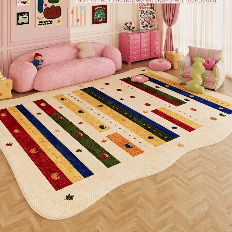 VIKAMA Dopamine Colored Striped Floor Mat For Bedroom, Living Room, Anti Slip And Absorbent Carpet, Home Decoration