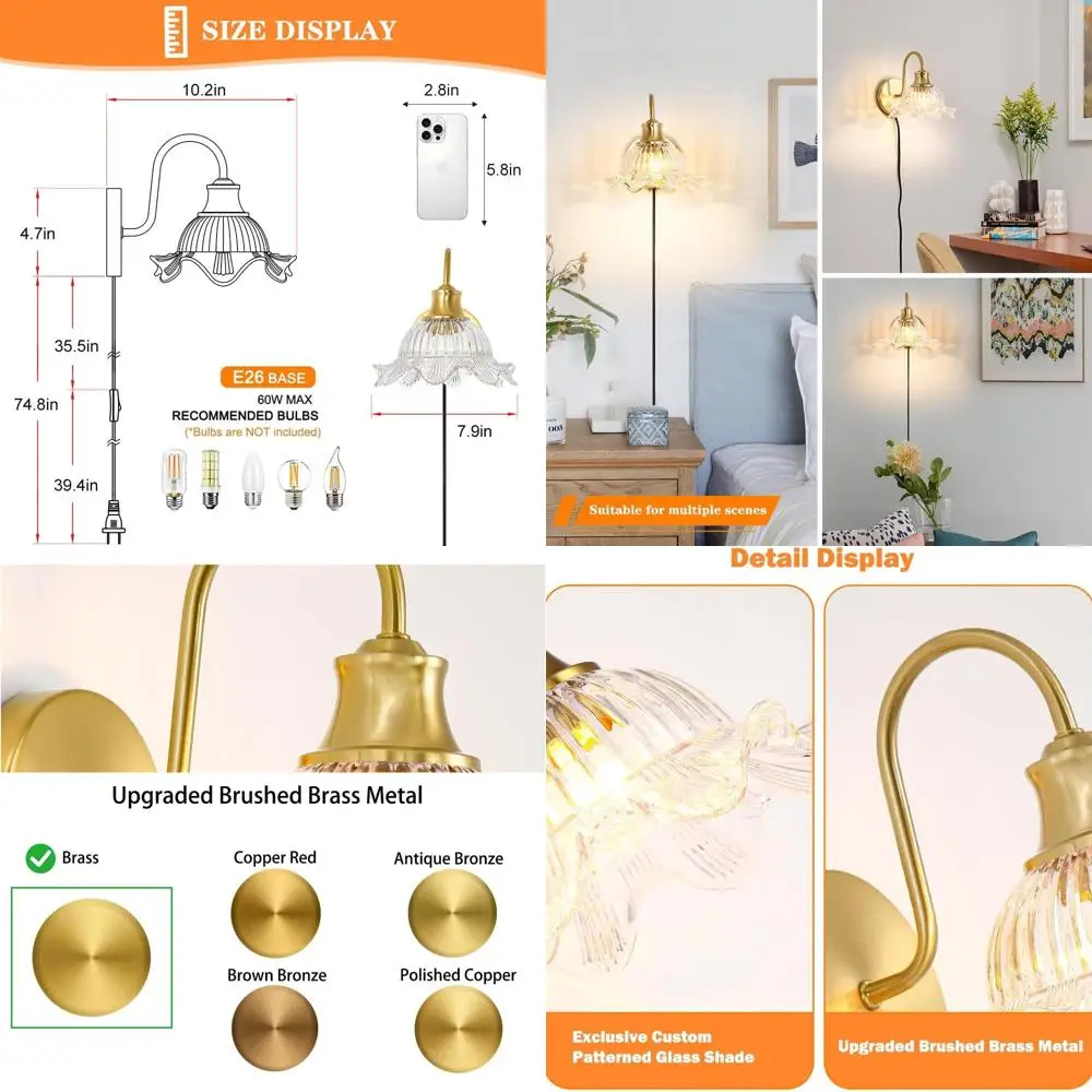 

Pair of Vintage-Style Plug-in Wall Sconces with Clear Glass, Adjustable Cord, E26 Base, for Home Decor