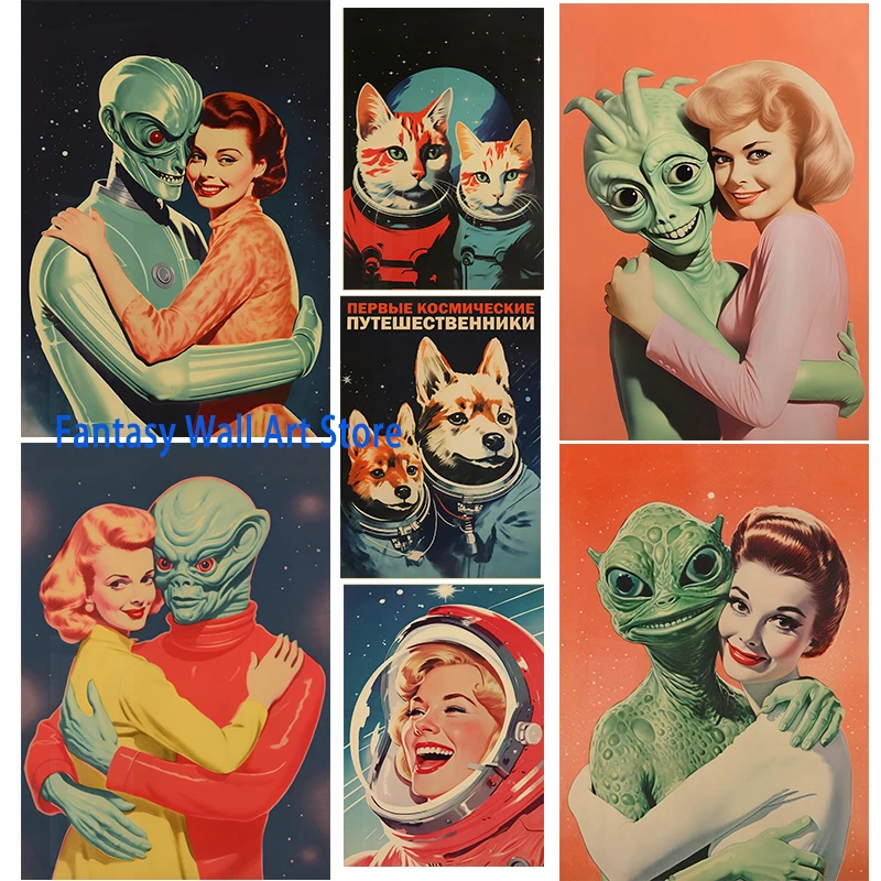 Raumfahrt-Kunstposter, Vintage-Comic-Alien-Poster, lustiger Alien mit menschlicher Wanddekoration, Bar-Humor, Retro-Dekoration, 90er-Jahre-Leinwanddruck