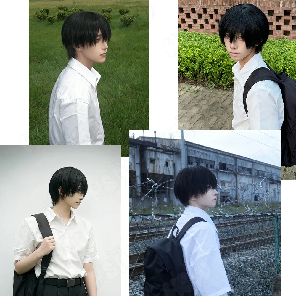 Tsujinaka Yoshiki Cosplay Wig Fiber Synthetic Wig「HSIU」30Cm Short Black Wig+Wig Cap Anime The Summer Hikaru Died‌ Cosplay