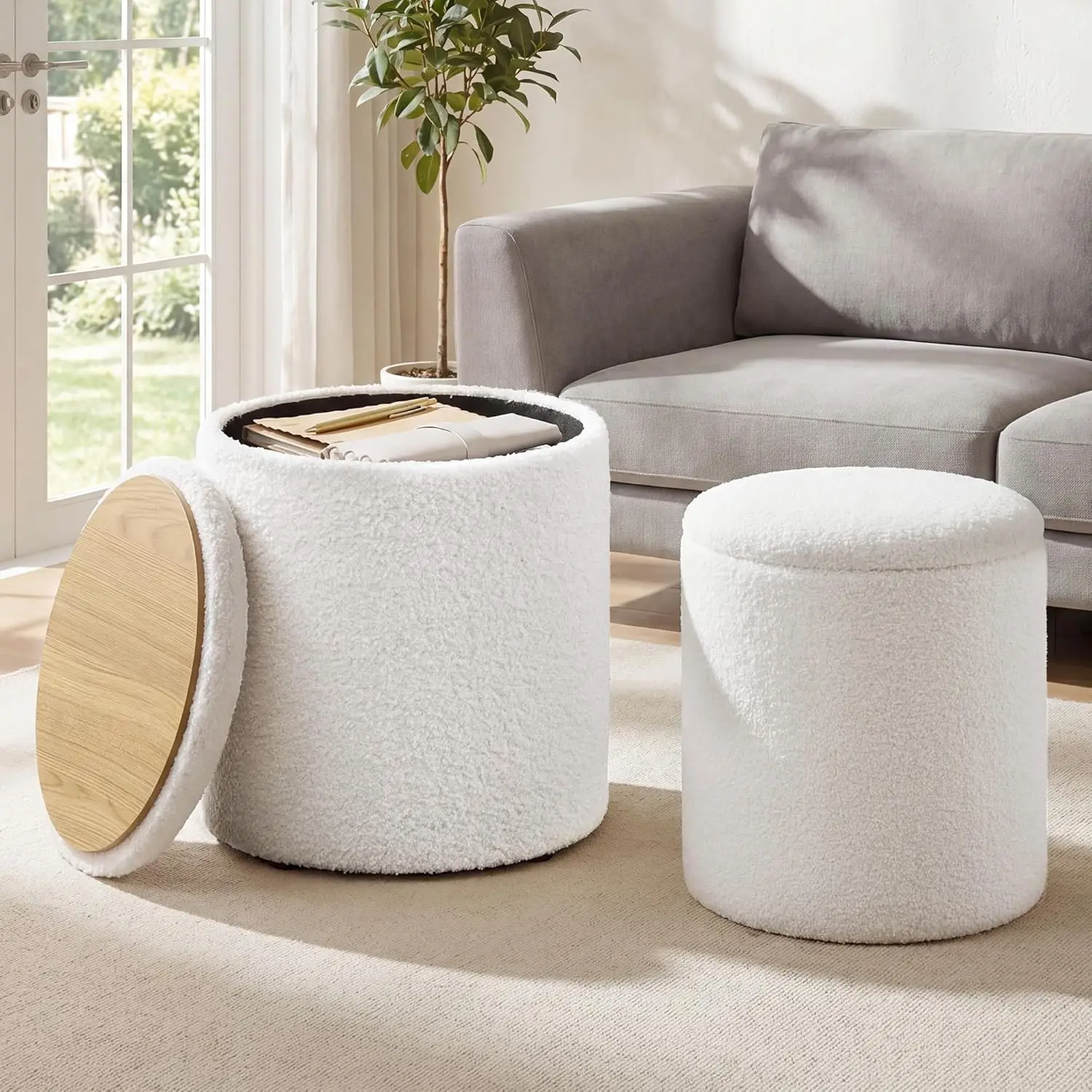

Set of 2 Round Storage Ottomans, Soft Teddy Fleece, Removable Lid, Foot Stool & Coffee Table, 330 lbs Capacity, Easy Assembly