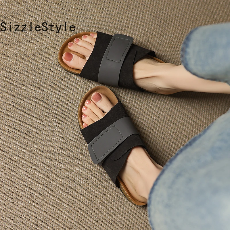 

Women Suede Backless Slide Sandals Open Toe Platform 3cm Studded Two Tone Elastic Strap Non Slip Rubber Sole Khaki Grey Black