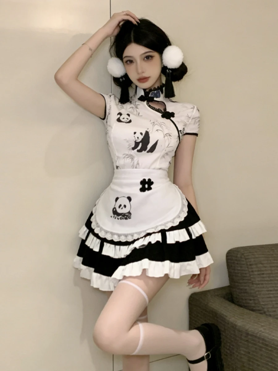 

Princess Style Floral Print Top with Ruffle Skirt Short Sleeve Stand Collar Multi-Layered Half Skirt Maid Suit for Young Women