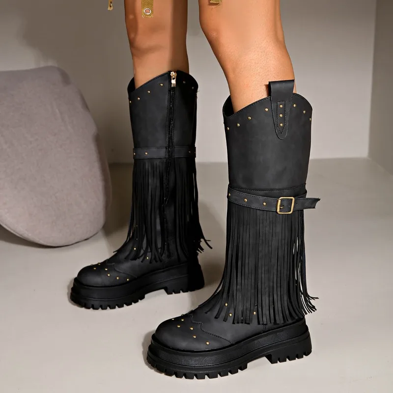 شرابة أحذية طويلة خريف شتاء موضة جديدة جولة تو الجانب البريدي منصة رصع كتلة كعب الأحذية #2