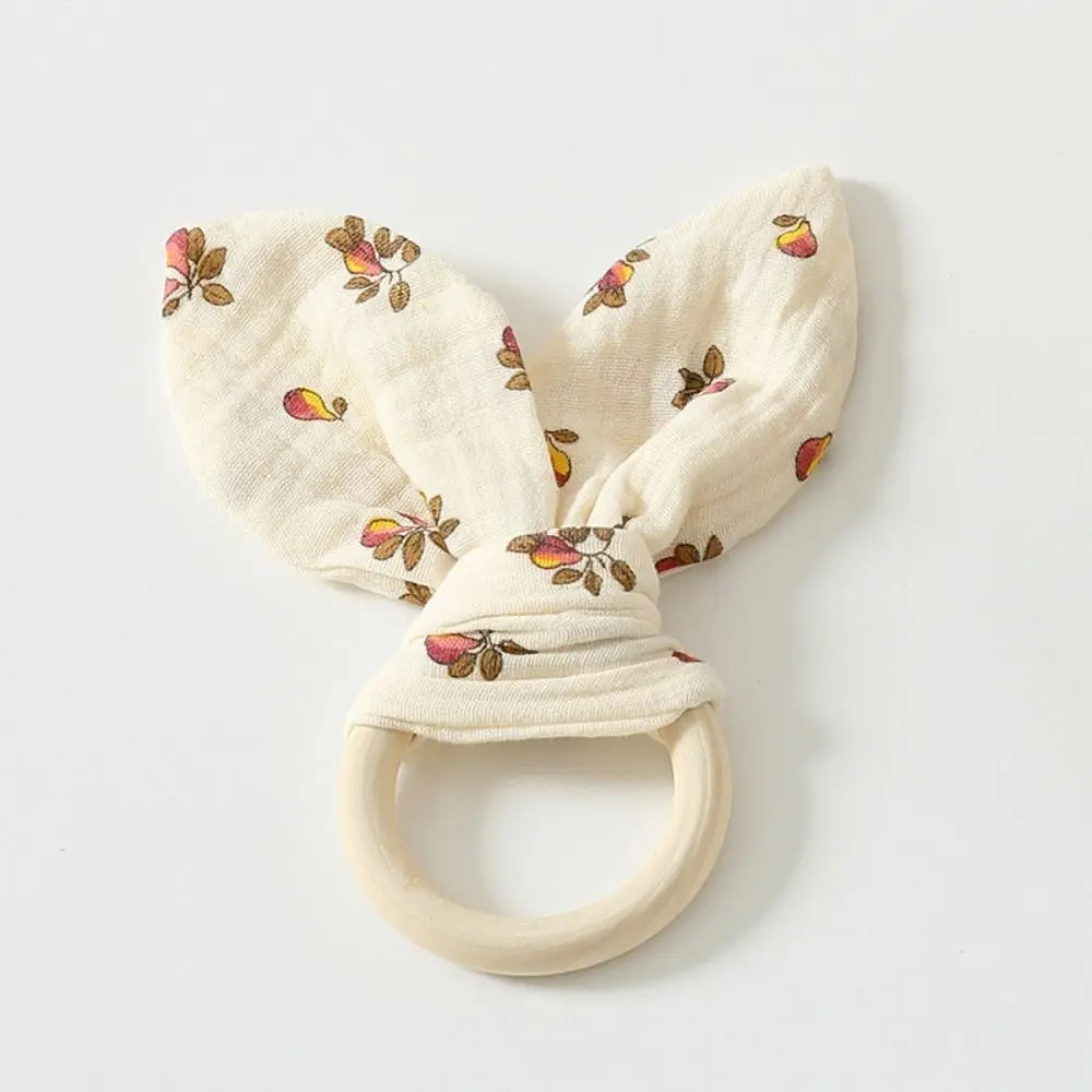 부드러운 아기 나무 손잡이 장난감 천연 나무 토끼 귀 신생아 치아발육 링 팔찌 딸랑이 감각 장난감 씹기 완화 장난감