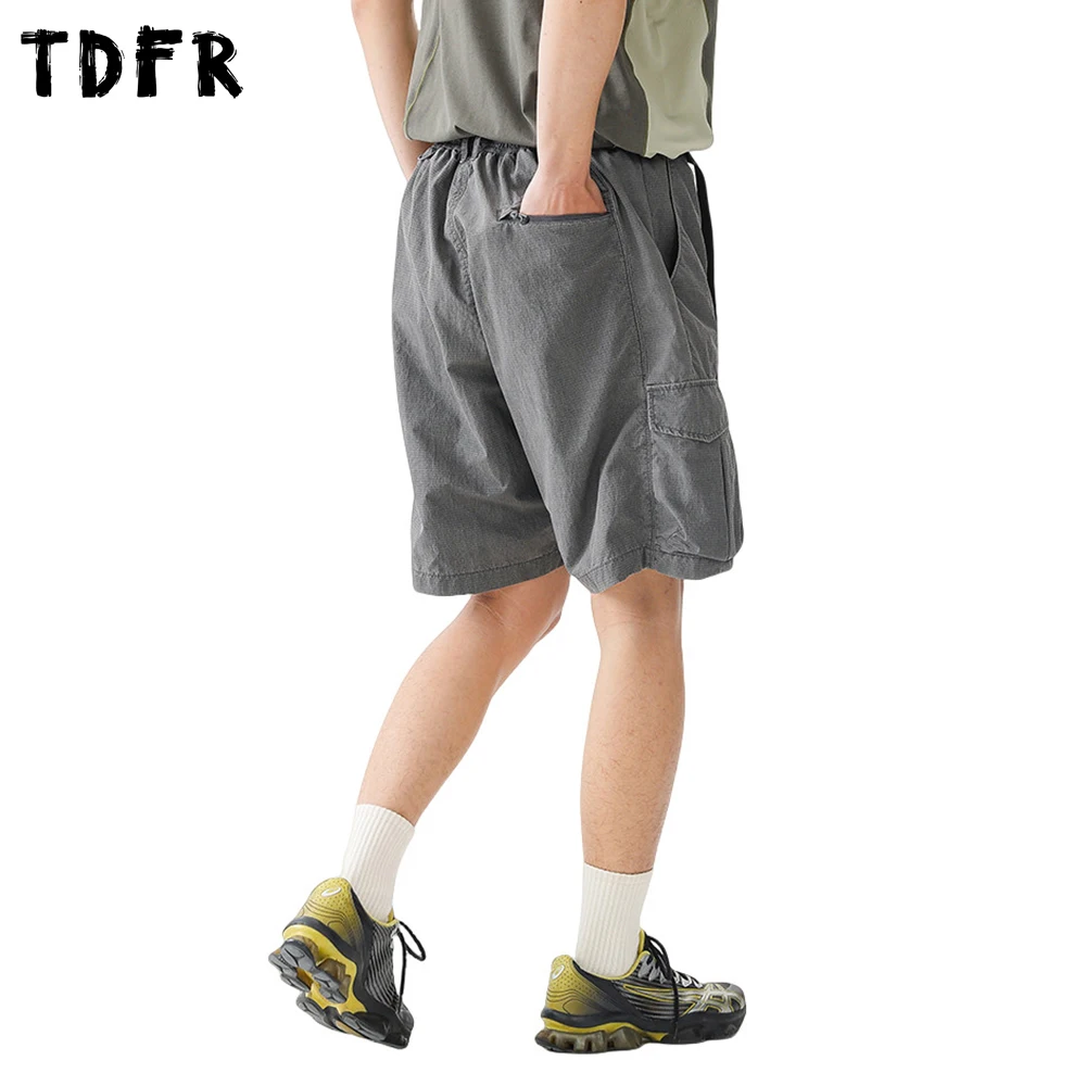 포켓 솔리드 카고 반바지 남성 여름 캐주얼 사파리 스타일 밴딩 허리 벨트 배기 와이드 레그 퀵 드라이 무릎 길이 반바지 남성용