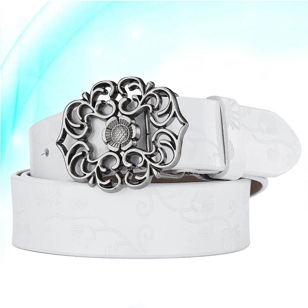 

Red Classic Women Belt Debossed Floral Design Flower Shape Buckle Vintage Stylish for Casual Military Business