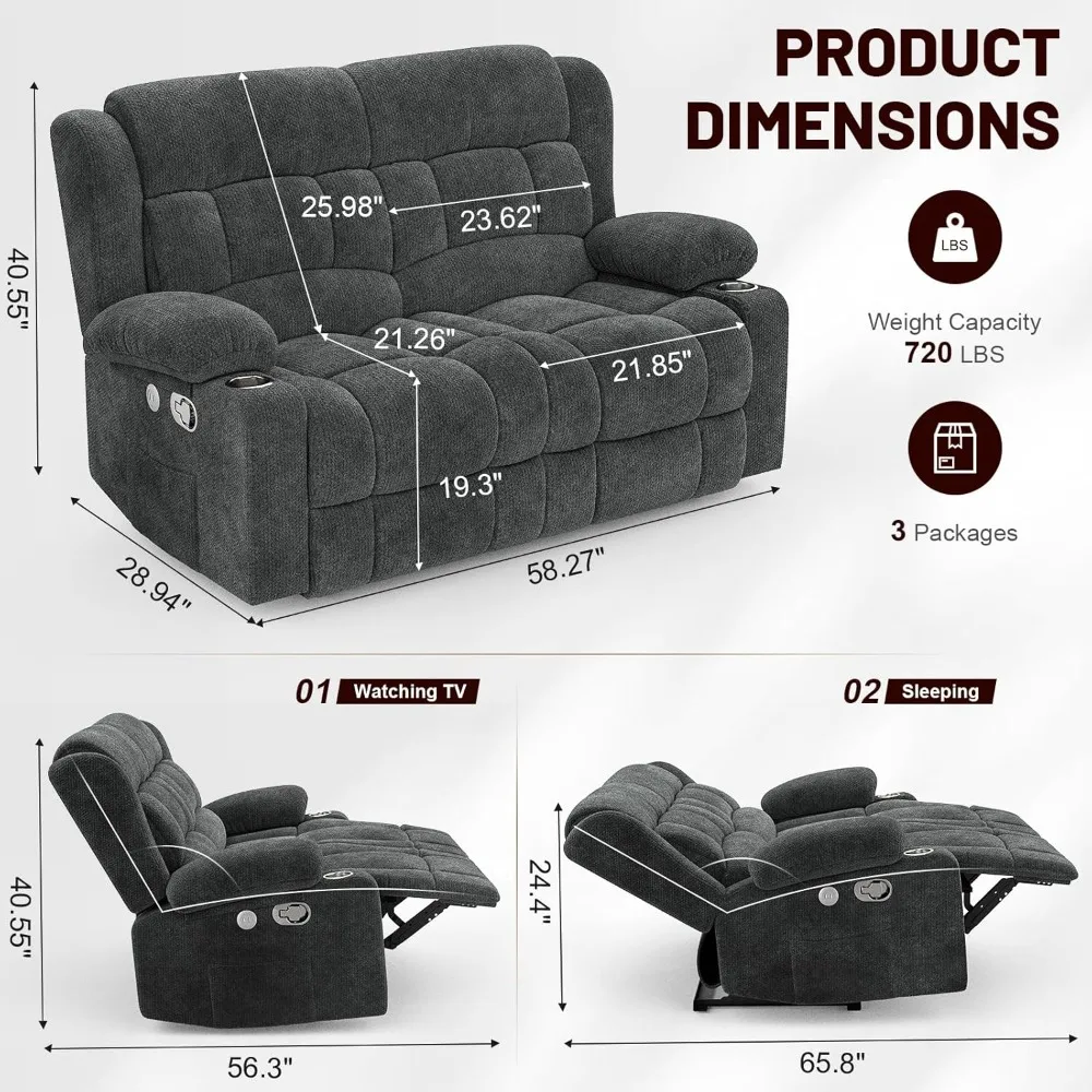 Loveseat Recliner Sofa, 2 Seater Minimalist Style Fabric Manual Pull Tab Reclining Loveseat with USB Charge Ports