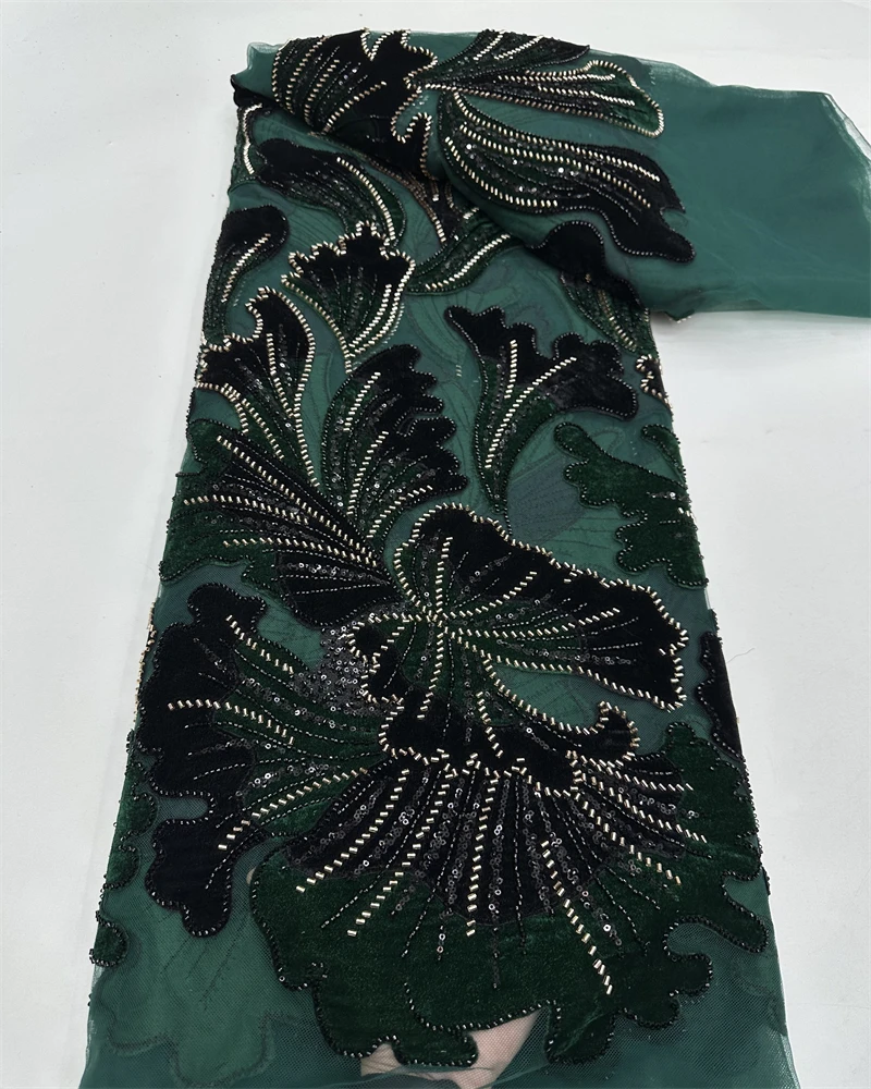 

African Nigeria High-Quality Velvet Beaded Sequins French Tulle Lace Fabric Dress Nigerian 5 Yards For Wedding Party Women