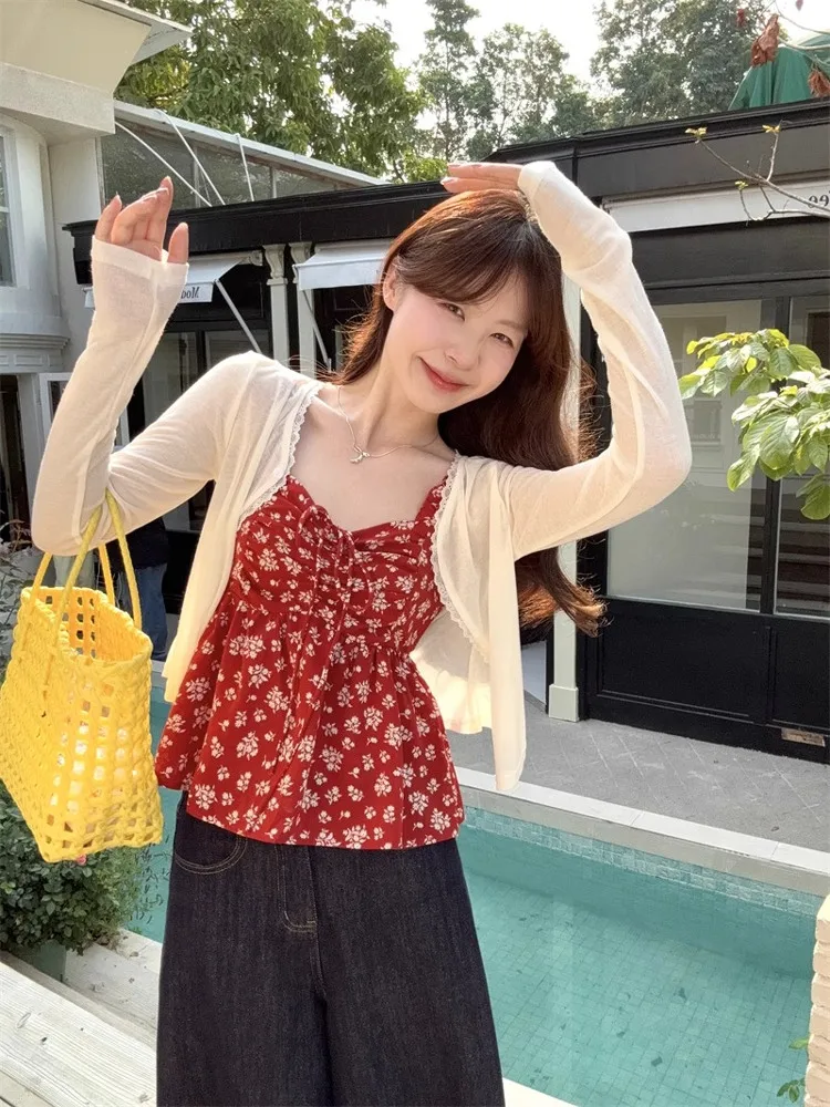 

Summer Floral Print Cover up Set Women's plus Size Sun Protection Cardigan Layering Top Bot Casual Sle Polyester Fabric