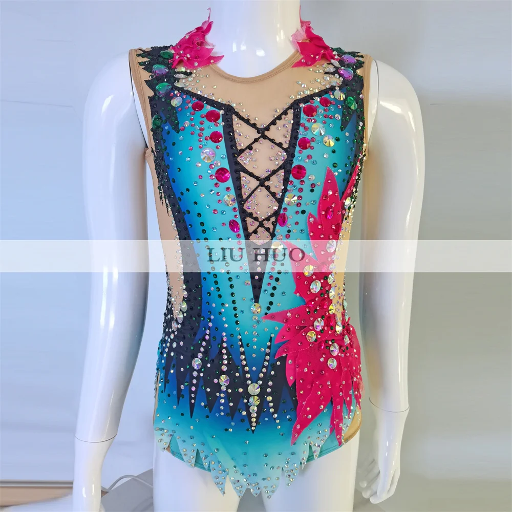 LIUHUO Rhythmic Gymnastics Leotard Customize Adult Women Girl Costume Performance Competition Dance Dress Teen Multicolour Blue