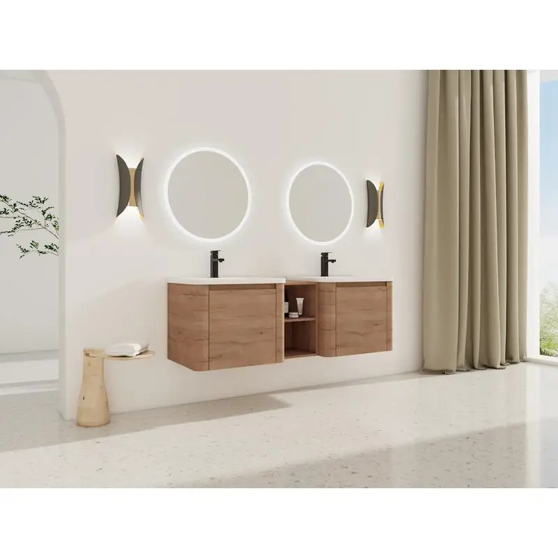 60" Wall-Mounted Bath Vanity with White Sink, Storage Shelves & Soft-Close Door, Plywood, KD Packing
