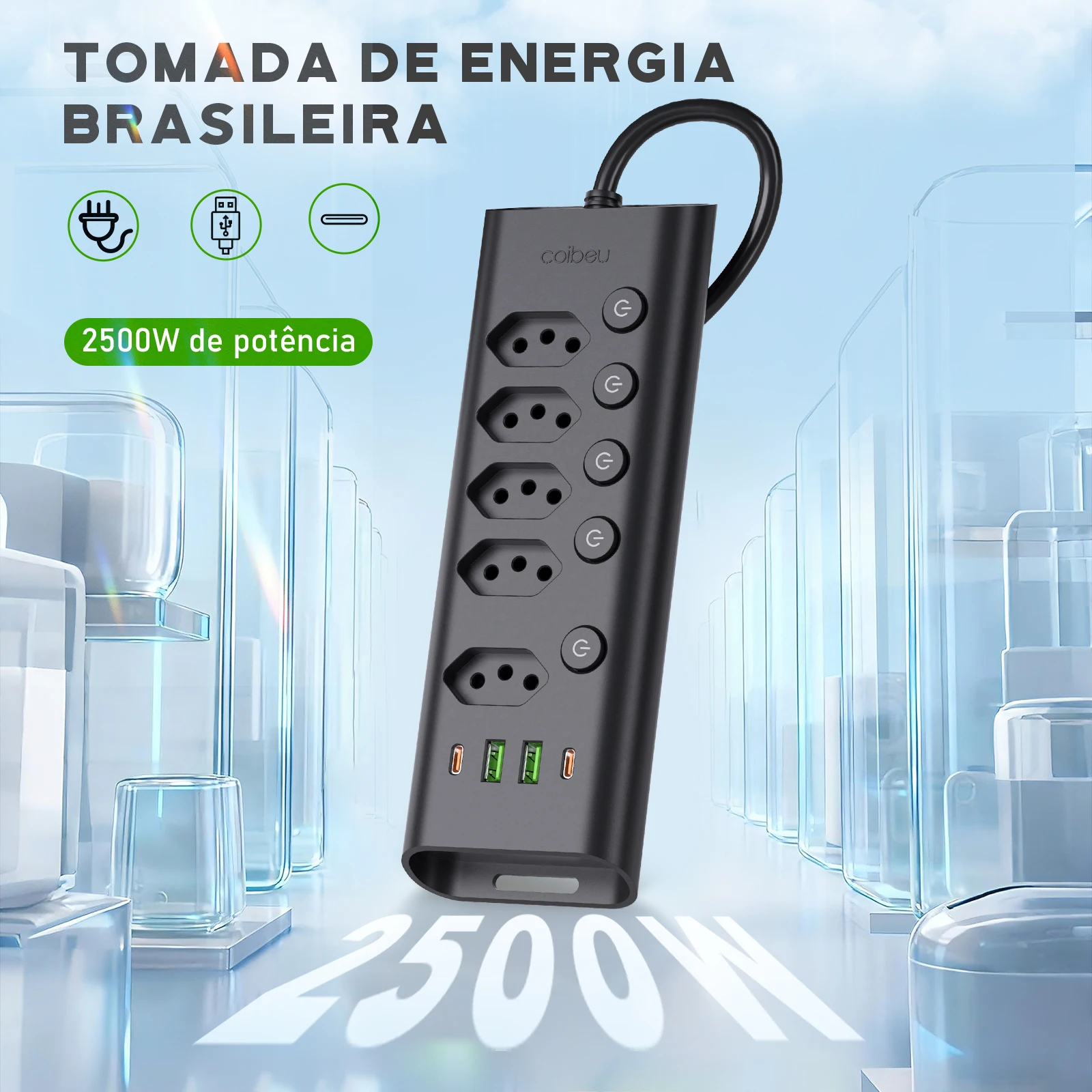 Extensão de Tomada Padrão BR com 5 Saídas 2 USB 2 Type-C Interruptor Liga/Desliga Material PC Resistente ao Fogo Cabo 2500W