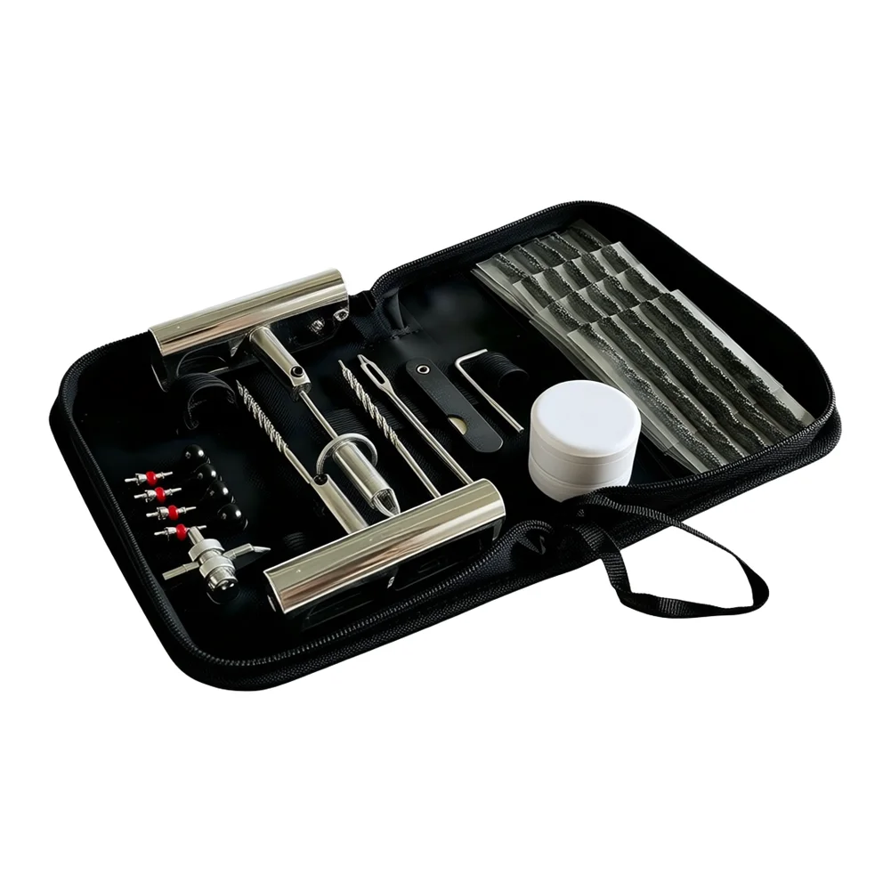 36 Piece Motorcycle Car Tire Repair Kit with Carbon Steel Needles Fork Tool Reaming Drill Bit Hex Wrench Pouch