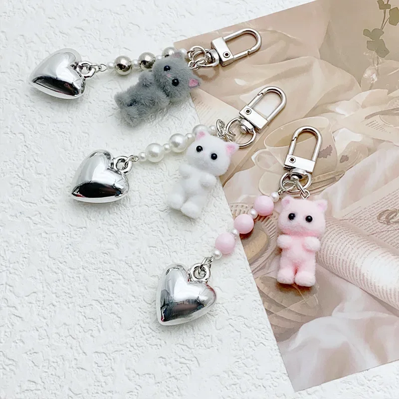 

Cute Cat Flocking Keychain 3D Love Backpack Phone Pendant Charm Bag Decor Car Key Ring Jewelry Children Toys Holiday Gifts