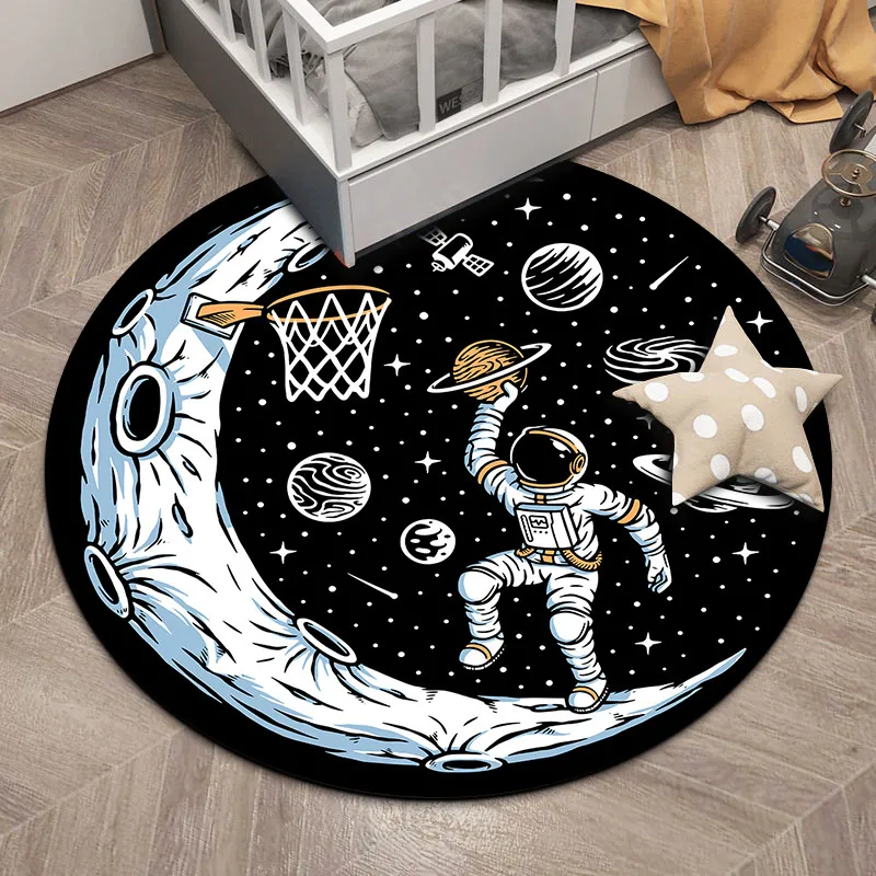 

Astronaut Space Black Round Rug Children's Room Boy Bedroom Decorative Rug Game Chair Cartoon Astronaut Round Non-Slip Rug