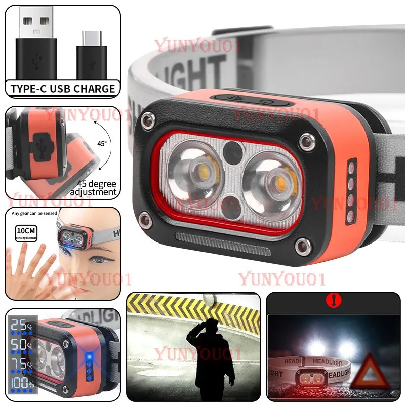 Three Light Sources, Strong Light Induction Headlight USB Charging Outdoor Night Running LED Lighting Headlight