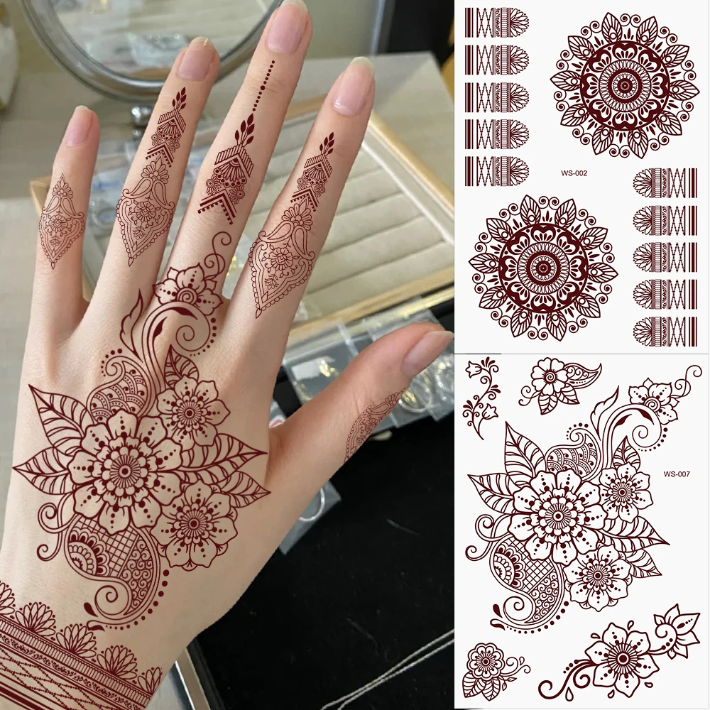 Maroon Henna Tattoo Stickers Waterproof Temporary Tattoos Mehndi Design Fake Tattoo for Hand Sleeve Art Henna Tattoo for Women