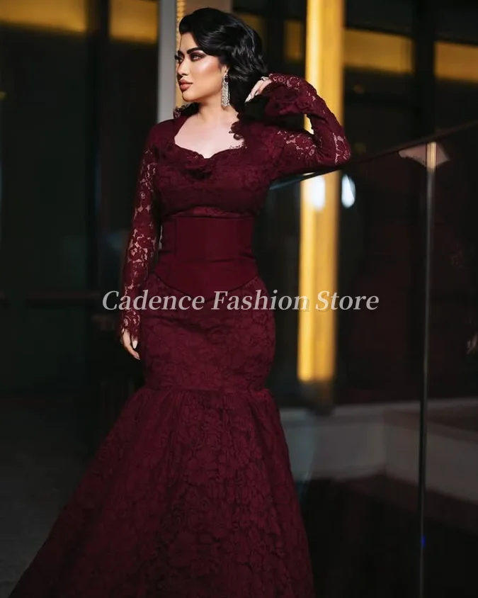 فساتين حفلة موسيقية عربية حورية البحر أنيقة بأكمام طويلة باللون العنابي مخصصة في دبي فساتين سهرة من الساتان فساتين مأدبة رسمية