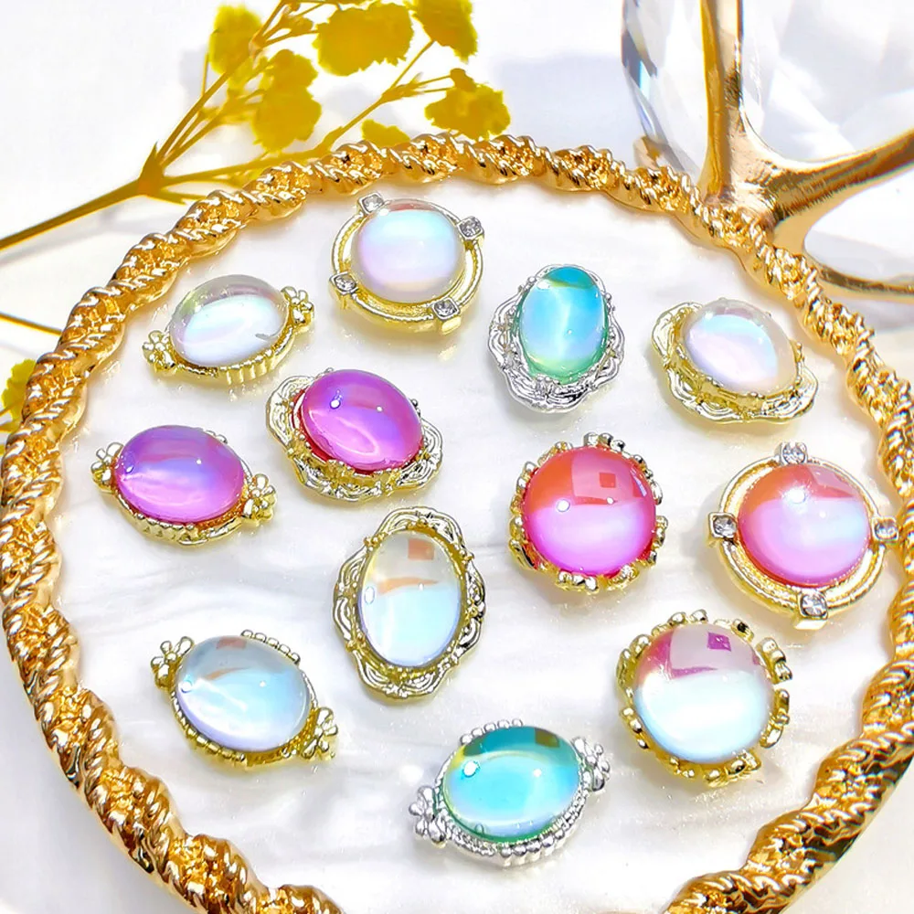 

10Pcs/lot 3D Crystal Glass Alloy Nail Art Decoration Round-Oval Aurora AB Nail Charms Gems Stone Gold/Silver Rhinestone Jewelry