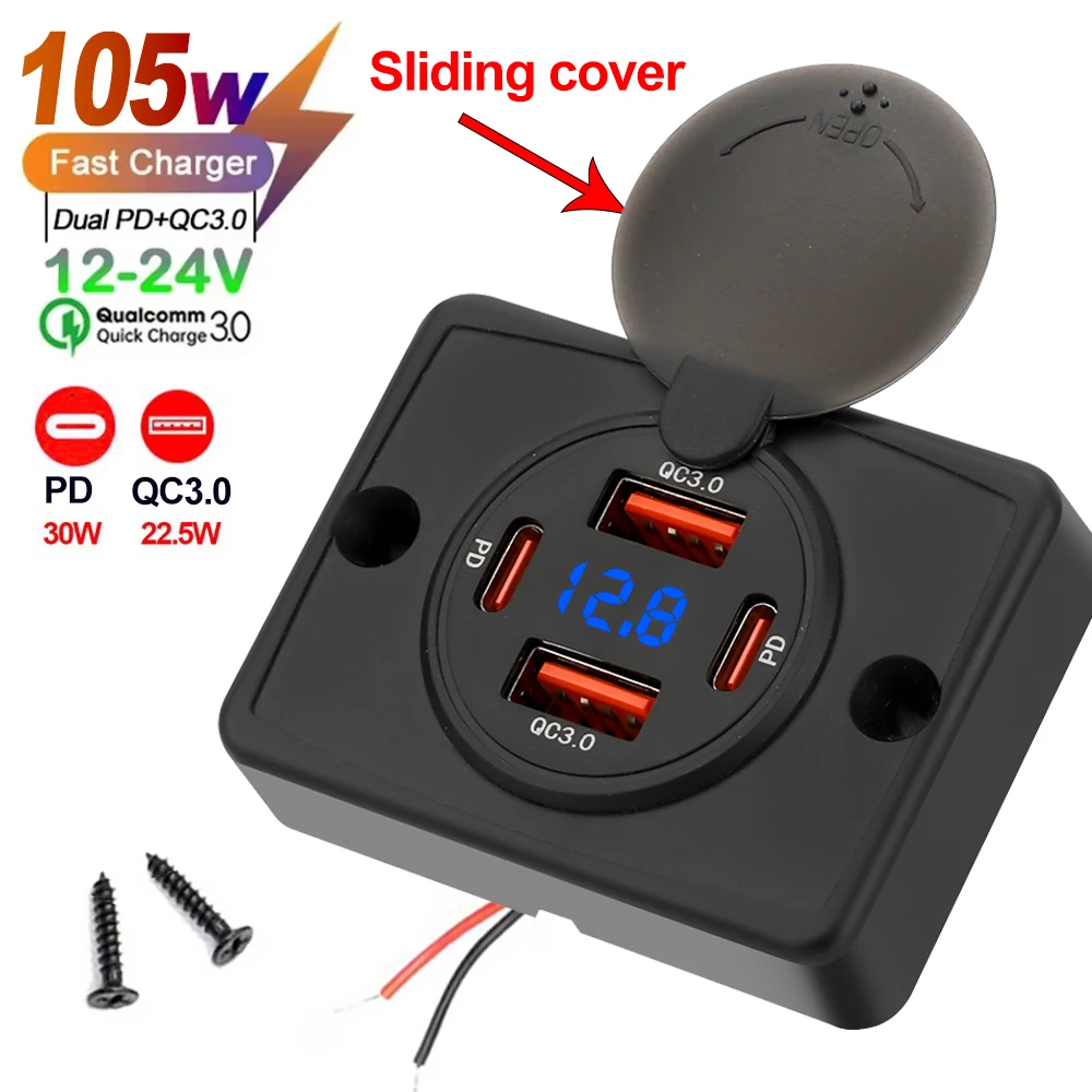 Wandmontierter Ladegerät-Adapter, 2–4 Ports, USB-Steckdose, QC 22,5 W PD 30 W Typ-C-Schnellladung, QC3.0-Panel, Bus, ATV, LKW