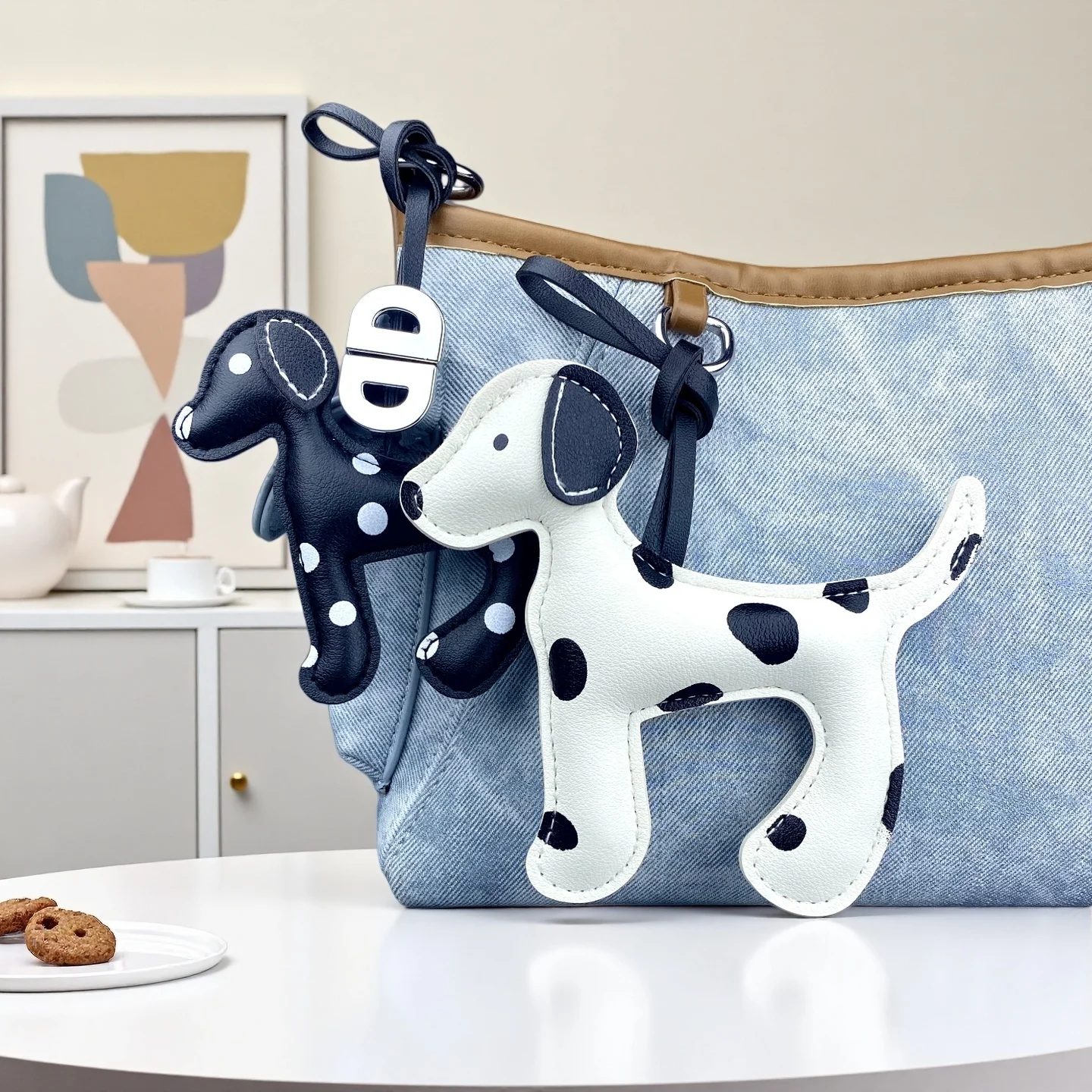 Trendy  PU Leather Dalmatian Pendant Bag Charm,-Black White Polka Dot Dog Pendants, Cute Animal Charm Purse Accessory