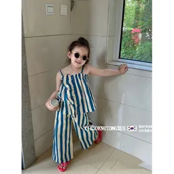 2023 Summer Girls Fashion Two Pieces Stripe Suit Baby Kids Children Clothing Set Suspender+ Pant