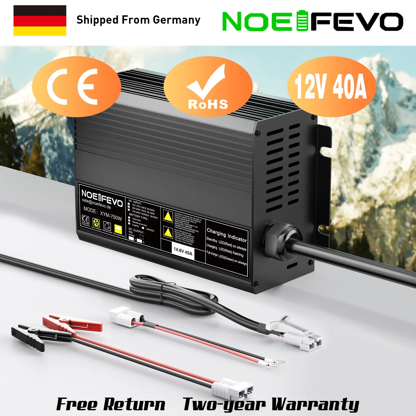 NOEIFEVO 14.6V 40A Professionele lithium LiFePO4-batterijlader voor 12V 12.8V 200AH-batterij, 0V Activeer en reparatie, aluminium