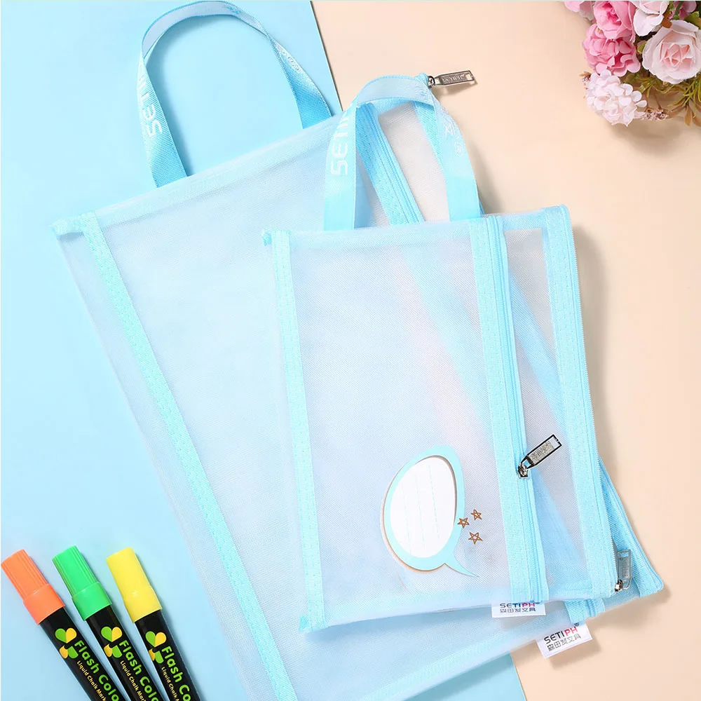 A4 Stationery Storage Bag Double-layer Mesh Zipper Bag Large Capacity Organizer Bag Cosmetic Makeup Bag Transparent File Folders