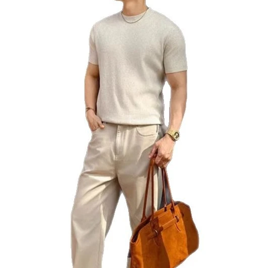 Old Qianfeng Round Neck Knitted Short-sleeved T-shirt Men's Casual 2026 Summer Breathable and Comfortable Solid Color
