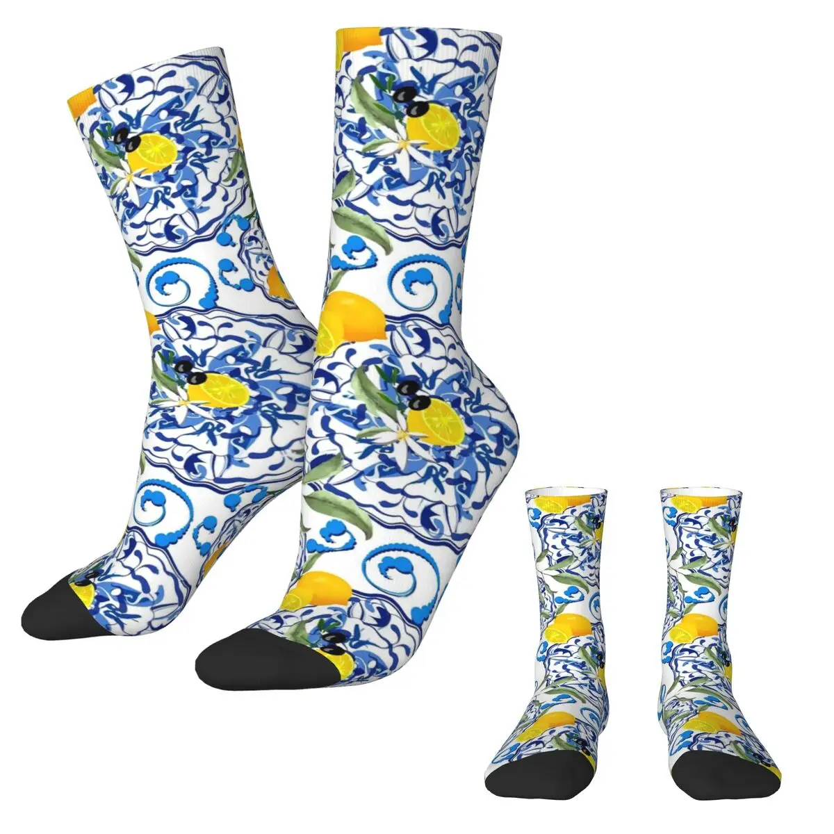 Retro Blue Flower Socks Autumn Lemon Fruit Stockings Gothic Unisex Warm Soft Socks Graphic Cycling Anti Skid Socks