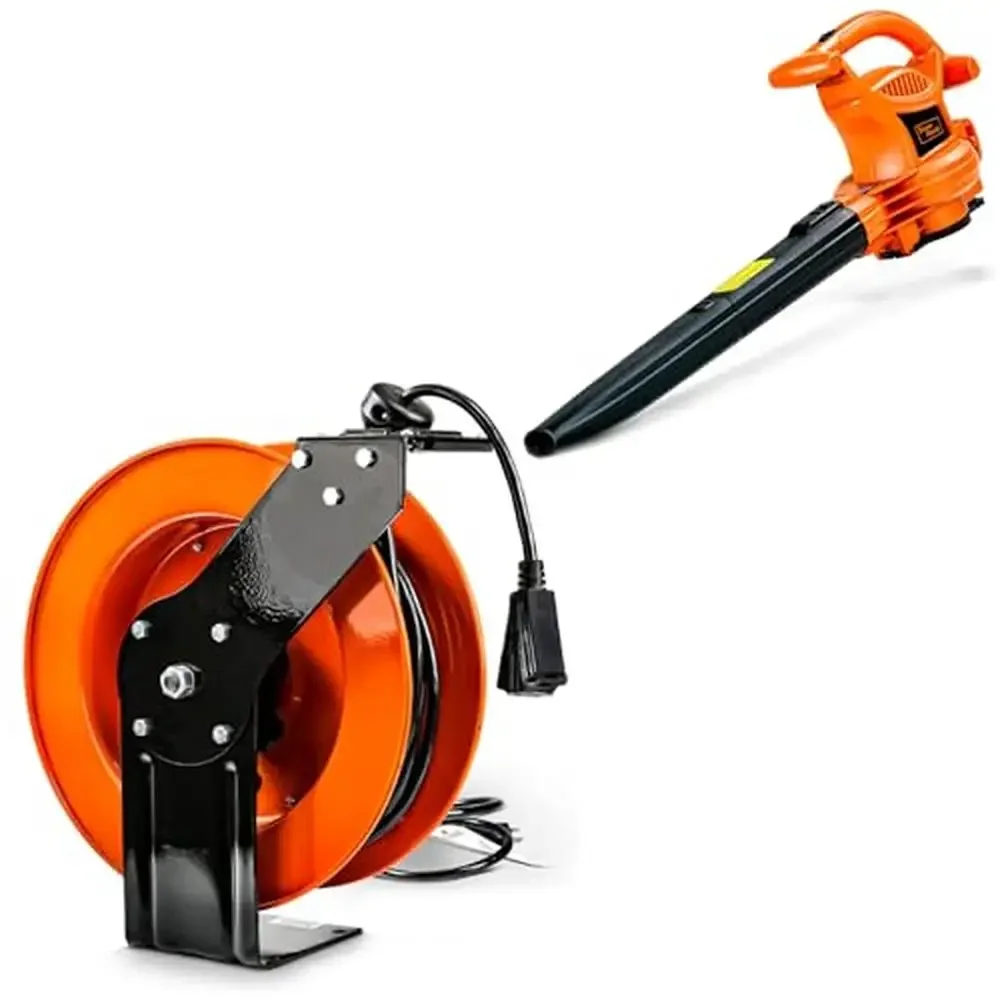 

Retractable Extension Cord Reel 12AWG x 80' 3 in 1 Leaf Blower Vacuum Mulcher 120V 12-Amp Industrial Design Tough Conditions