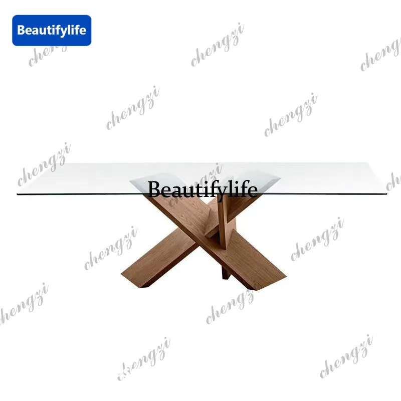Italian minimalist living room black walnut dining table glass dining table large apartment rectangular table