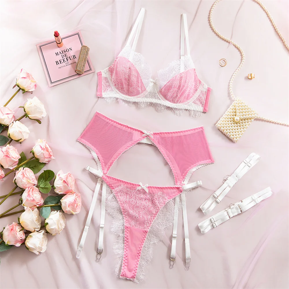 Conjunto de lencería de encaje dulce Krasapt, 4 piezas, sujetadores push-up sexys y bragas, conjuntos de liguero, conjunto delicado estilo hada