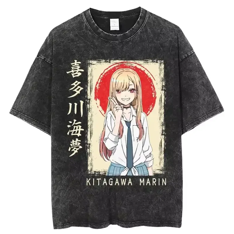 2026 Summer My Dress-Up Darling Marin Kitagawa Washed Anime T-shirt Harajuku Streetwear Oversized Short Sleeve Tee For Fans