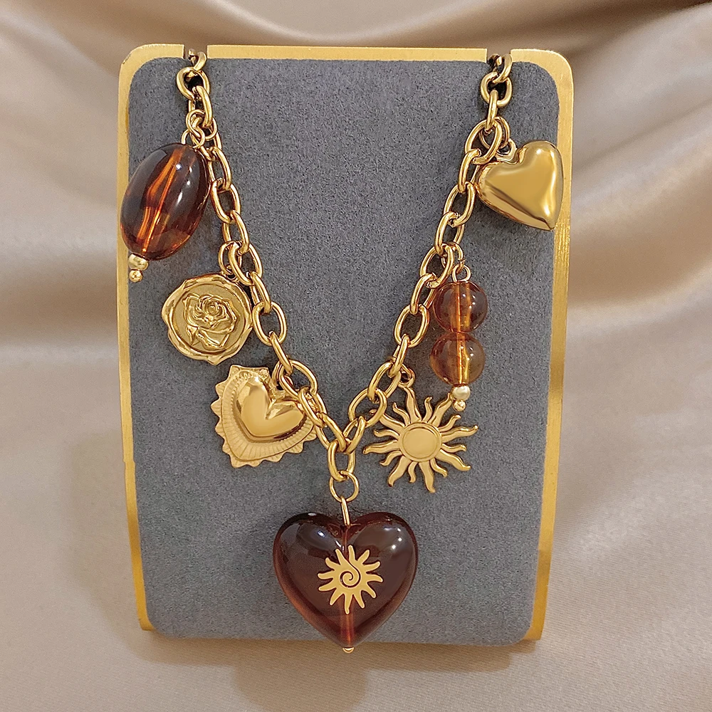 Classic Multiple Brown Stone Heart-shaped Sun Pendant Necklace European American New Style Exaggerate Versatile Women's Jewelry