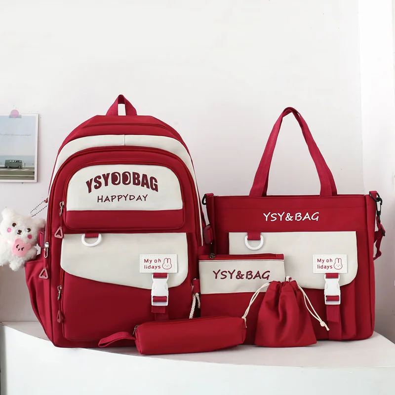 Student Fashion Five Piece Schoolbag Girls Simple Children Color Blocking Backpack Spine Protection Waterproof Large Capacity