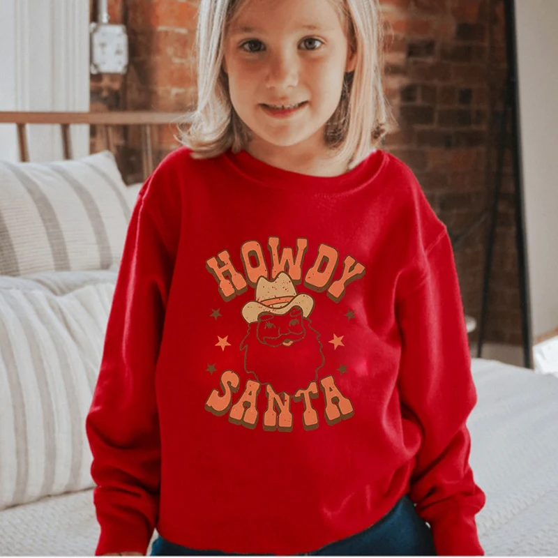 Howdy Santa Printing Sweatshirts for Boys Girls Classic Retro West Cowboy Santa Claus Hoodies Fashion Casual Xmas Sportswear