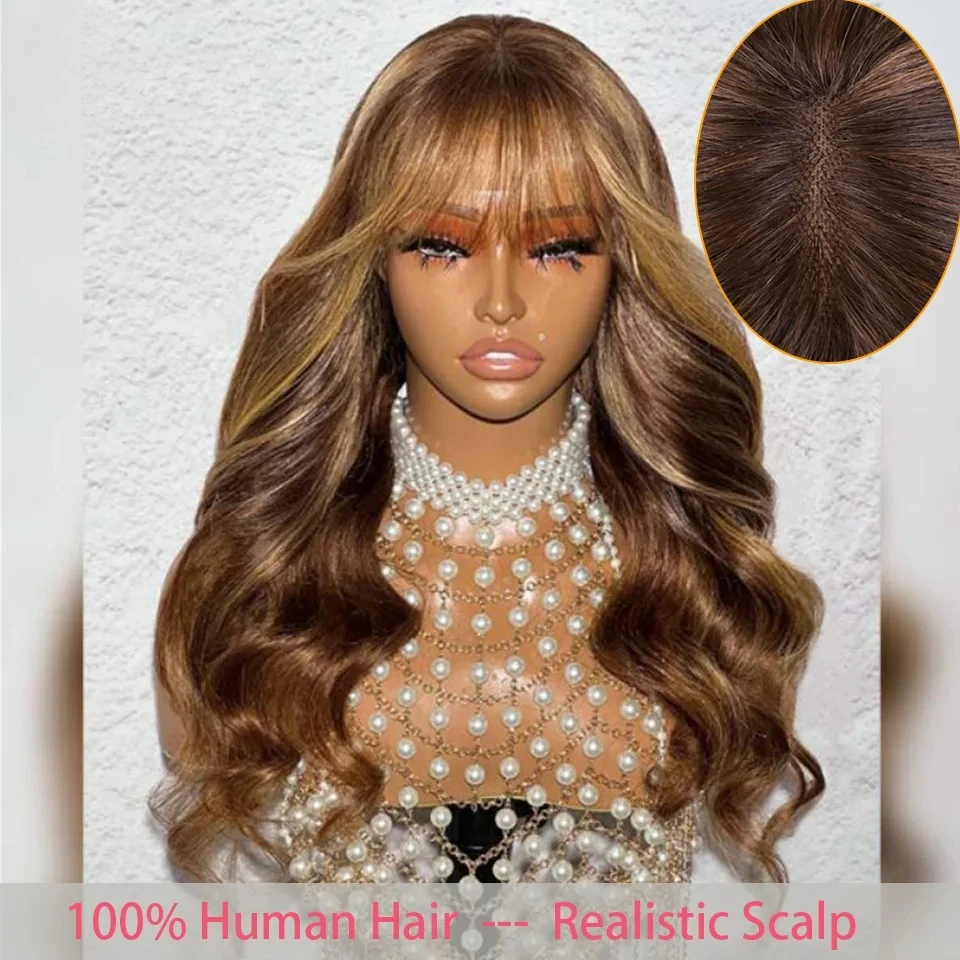 

Natural Brown Body Wave Human Hair Lace Wigs With Curtain Bangs Peruvian Remy Hair Ready to Wear Glueless HD Lace Wavy Wigs