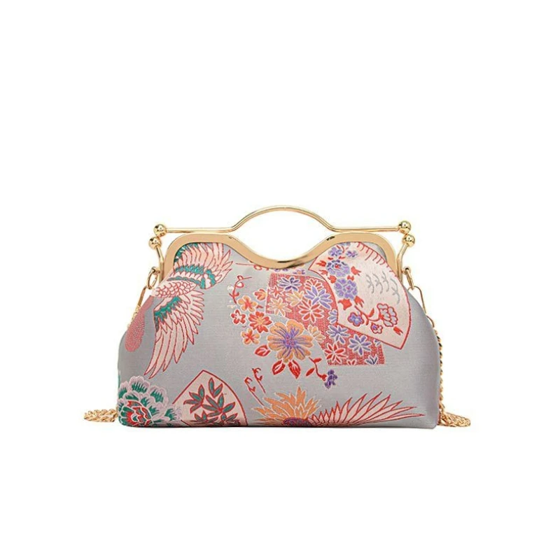 Yellow Red Blue Pink Sliver Crane Floral Embroidery Chinese Style Kiss-lock Evening Clutch Bag Chain Crossbody Shoulder Handbag
