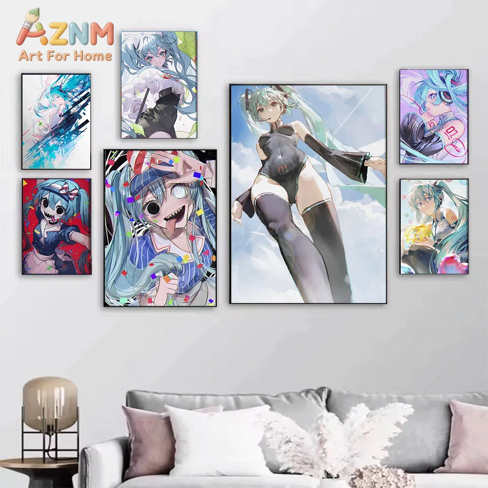 AZNM Hatsune Miku Artistic Portrait Canvas Painting, Frameless Canvas Wall Art, Virtual Singer Anime Wall Painting for Bedroom
