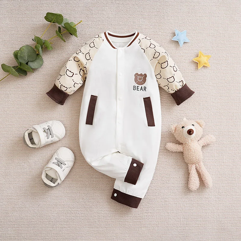 Spring And Autumn Boys And Girls Cute Cartoon Little Bear Printed Cotton Comfortable Casual Long Sleeve Baby Bodysuit