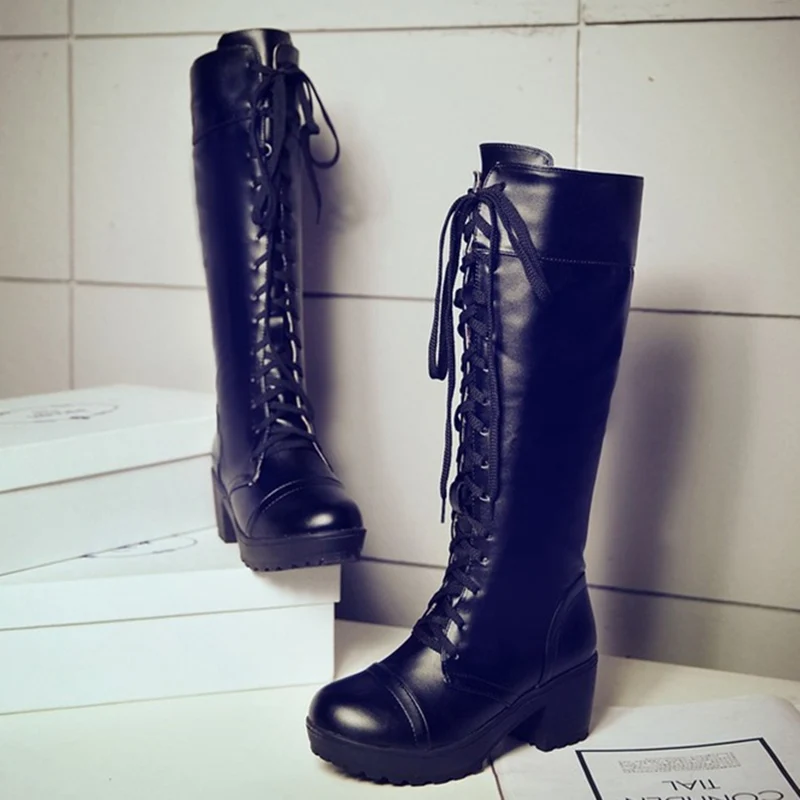 Winter Snow Boots Women Fashion Knee High Boot Casual Punk Heels Lace up Black White Footwear Long Shoes Ladies Large Size 45 48
