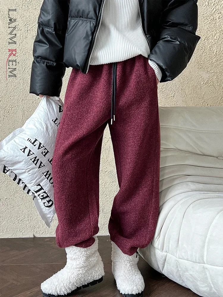 [LANMREM] Elastic High Waist Wool Pants For Women Drawstring Design Wide Leg Trousers Warm Clothes 2024 Winter New 26C1211