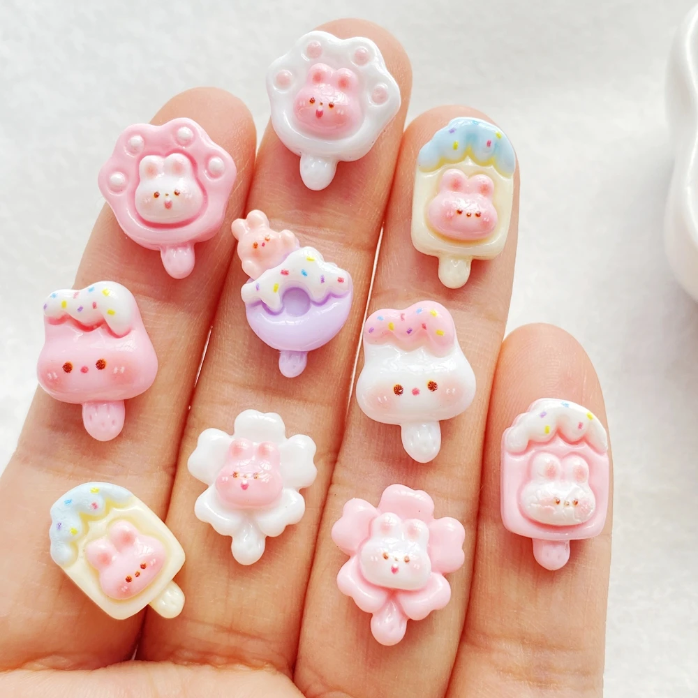 30 Stück Niedliche Mini Cartoon Hasen Eiscreme Serie Nagelkunst Harz Designer Charms DIY Bastelbedarf für 3D Nageldekorationen Schmuck